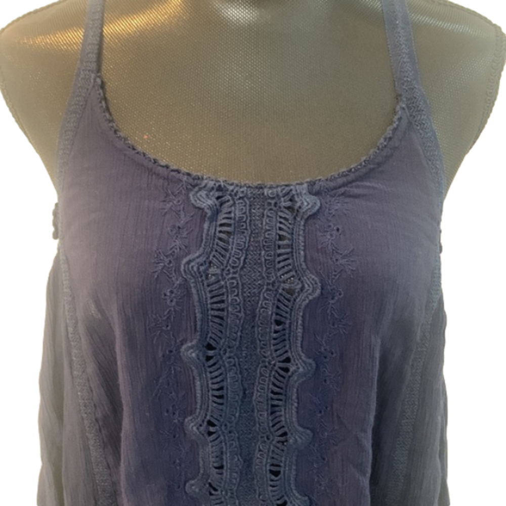 Patrons of Peace Navy Handkerchief Hem Flowy Boho Crochet Tank Top Large